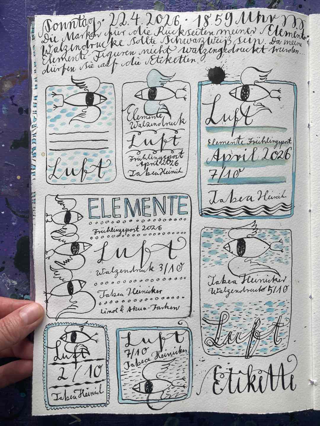 Meine Elemente für die Frühlingspost: Immer mehr Skizzen entstanden rund um meine Elemente-Wesen. Linke Seite aus meinem Skizzenbuch auf Aquarellpapier, schwarze Tuschezeichnungen, leicht Cyan koloriert.